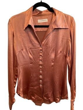 Cignal Copper Satin Blouse Size S Shimmer Button Front Long Sleeve Unique